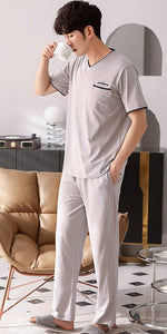 Short-Sleeved Trousers Pajama Set Men's Summer Plain Modal Cotton Loungewear V-Neck