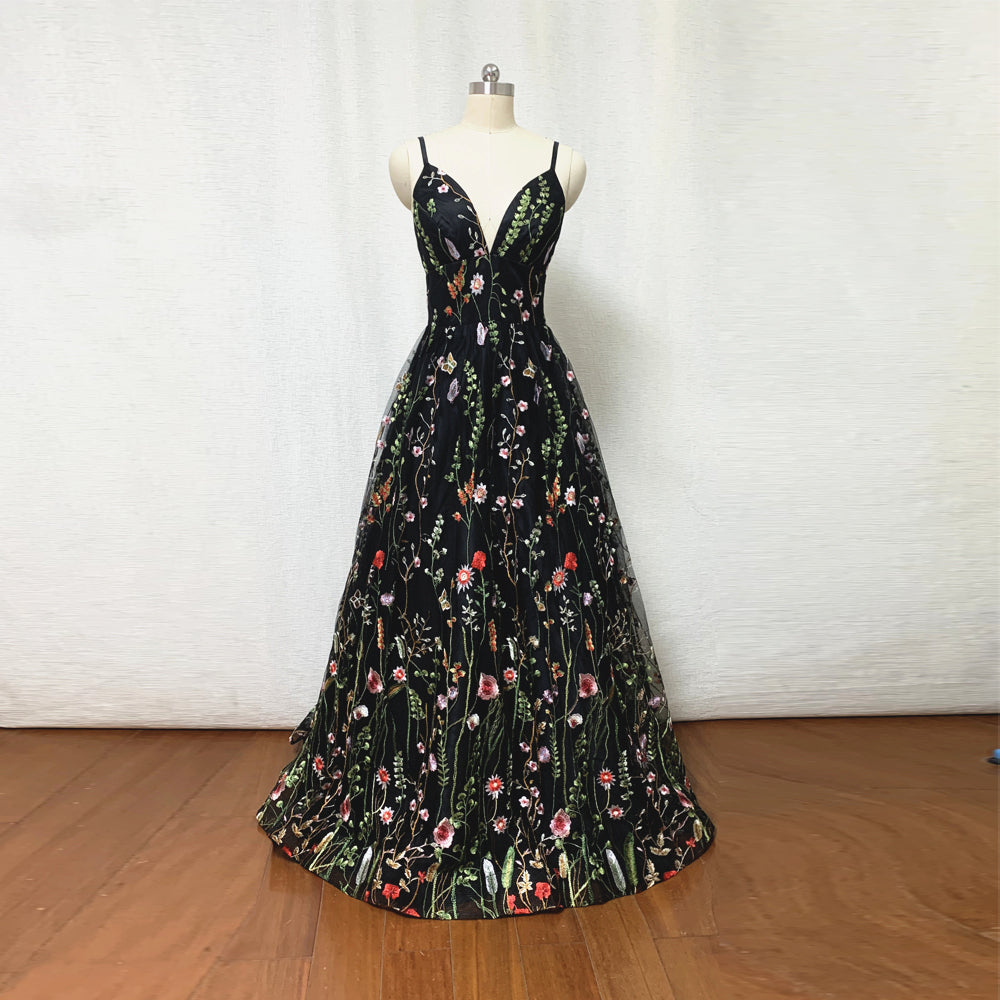 Black Floral Fairy Prom Dress 2023 Spaghetti Straps Long Evening Dress with Horsehair Hem 14 / Light Grey Black Floral Fairy Prom Dress 2023 Spaghetti Straps Long Evening Dress with Horsehair Hem 14 / Light Grey