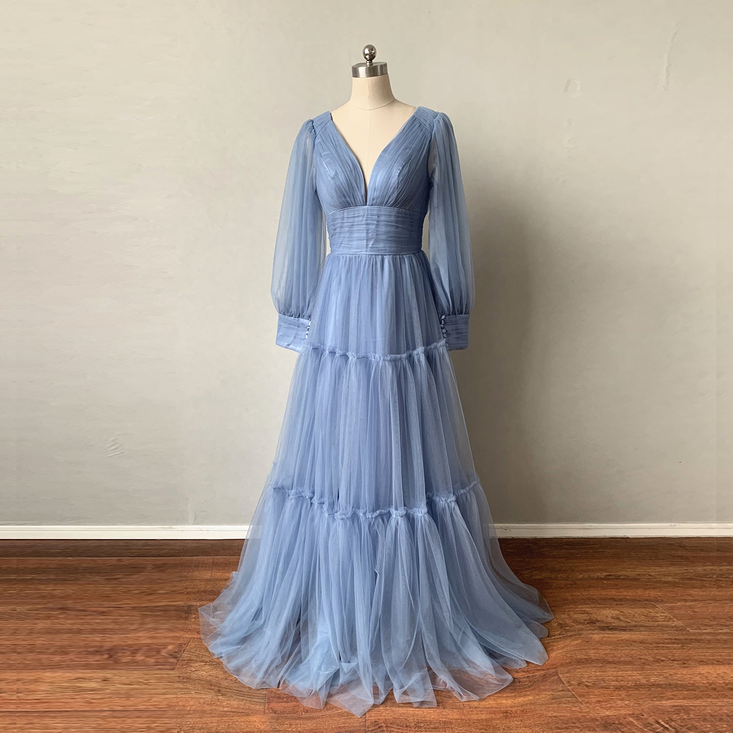 Prom Dress with Sleeves 2023 Dusty Blue Tulle Corset Back Evening