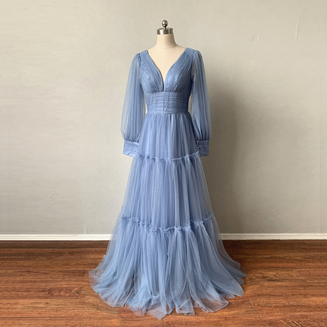 Prom Dress with Sleeves 2023 Dusty Blue Tulle Corset Back Evening Dress