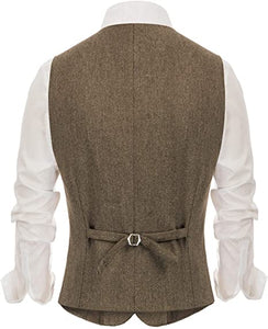 Mens Waistcoat V Neck Wool Tweed Irregular Buttons Herringbone Silm Fit