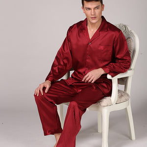 Long Sleeve Pajama Set Men's Striped Silk Satin Loungewear Set