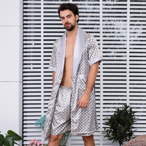Men's Robe Set Summer Silk Thin Short Sleeve Bathrobe