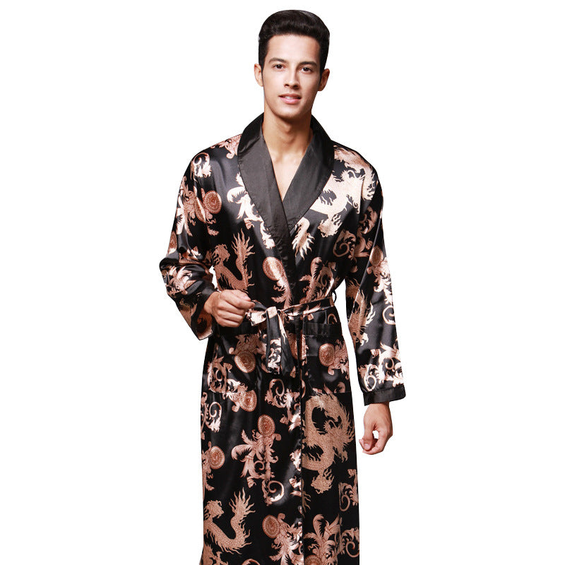 Men Robe Kimono Satin Silk Long Sleeve Print  Home Bath Robe