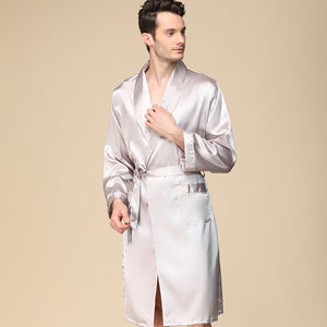 Men's One Piece Kimono Robe Thin Silk Satin Long Sleeve Pajamas with Two Pockets