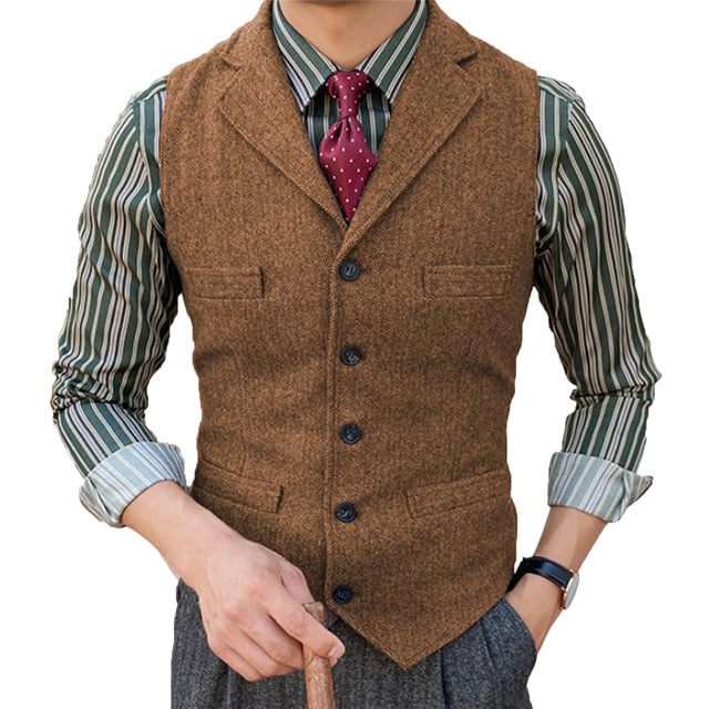 Men's Suit Vest Lapel Wool Herringbone Casual Formal Business Vest Groomman For Wedding Prom