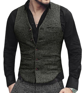 Men's Suit Vest tweed Brown Casual Slim Fit V Neck Satin Back Formal Business Groomman Clothing For Wedding