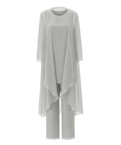 Loose Mother of the Bride Dress Long Sleeves - 3 Pieces Chiffon Pants Suit With Jacket Plus Size