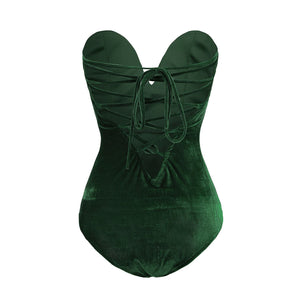 Emerald Green Velvet Bodysuit Halloween Leotard Corset Back Christmas New Year