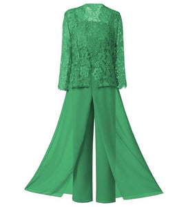 Mother of the Bride Dress Plus Size - 3 Pieces Sage Green Lace Chiffon Pants Suit Ankle-length