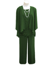 Load image into Gallery viewer, Ankle-length Mother of the Bride Dress Long Sleeves - 3 Pieces Green Chiffon Lace Pants Suit Plus Size