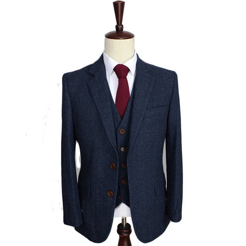 Groomsmen Suits for Wedding 3 PCS Lapel Wool Blended Herringbone Gentleman Suits (Jacket+Pants+Vest)
