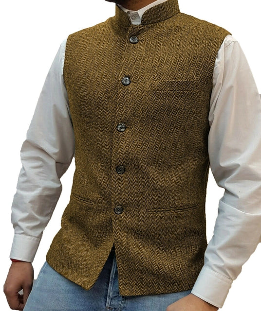 Brown Wedding Vest for Groomsmen Stand Collar 5 Buttons 3 Pockets Casual Waistcoat