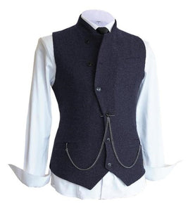 Men's Wedding Groomsmen Suit Vest Wool Tweed Blend Herringbone Tuxedo Chain Slim Fit Vest