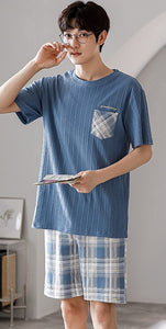 Summer Men's Pajamas Set Thin Knitted Cotton Short Sleeves Loungewear