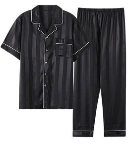 Summer Lapel Pajamas Men's Silk Satin Print Thin Short Sleeve Pants Homewear Set