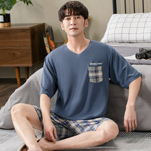 Load image into Gallery viewer, Modal Knitted Cotton Men&#39;s Pajamas Summer Short-Sleeved Shorts Plaid Homewear Suit