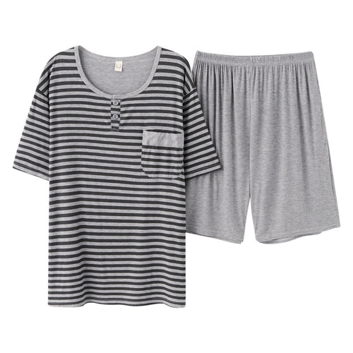 Pajama Set Men Ribbed Modal Cotton Round Neck Summer Short Sleeve Shorts Homewear