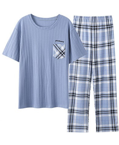 Men's Pajamas Crew Neck Short Sleeve Trousers Cotton Jersey Cotton Loungewear Summer Suit