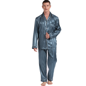 Green Long Sleeve Pajama Set Jacquard Striped Silk Satin Men's Loungewear Comfort Set