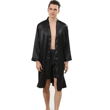 Load image into Gallery viewer, Black Kimono Silk Satin Thin Long Sleeve Men&#39;s Pajama Shorts Set Without Pockets