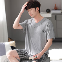 Load image into Gallery viewer, Pajama Set Men Ribbed Modal Cotton Round Neck Summer Short Sleeve Shorts Homewear