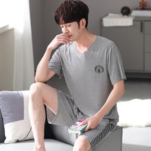 Load image into Gallery viewer, Pajama Set Men Ribbed Modal Cotton Round Neck Summer Short Sleeve Shorts Homewear