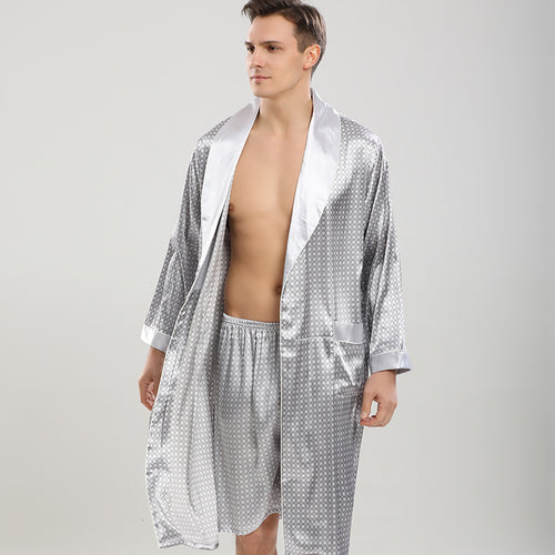 Japanese Silver Shorts Robe Set Silk Satin Long Sleeve Home Bathrobe Set