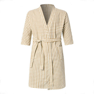 Three-quarter Sleeve Kimono Men's Bathrobe Fine Check Cotton Spa Robe with 2 Pockets