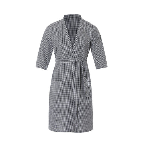 Three-quarter Sleeve Kimono Men's Bathrobe Fine Check Cotton Spa Robe with 2 Pockets