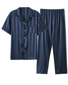 Summer Lapel Pajamas Men's Silk Satin Print Thin Short Sleeve Pants Homewear Set