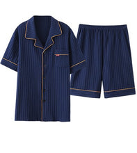 Load image into Gallery viewer, Cardigan Lapel Pajamas Men&#39;s Knitted Pit Strip Cotton Summer Short-Sleeved Homewear Suit