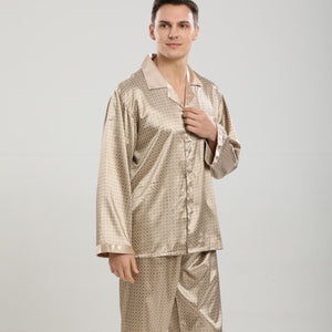 Long Sleeve Men's Pajamas Silk Satin Lapel Loungewear Set