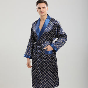 Blue Silk Satin Men's Long Sleeve Robe Shorts Two Piece Loungewear Set
