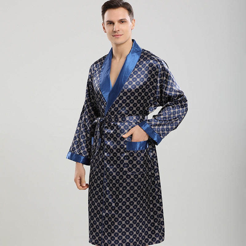 Blue Silk Satin Men's Long Sleeve Robe Shorts Two Piece Loungewear Set
