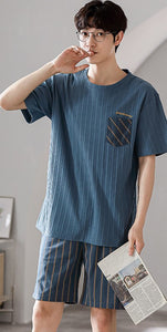 Summer Men's Pajamas Set Thin Knitted Cotton Short Sleeves Loungewear