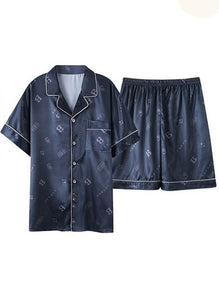 Silk Satin Print Lapel Pajamas Men's Short Sleeve Shorts Homewear Set