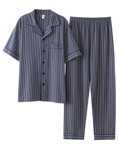Knitted Pit Strip Cotton Pajamas Men's Summer Thin Homewear Suit