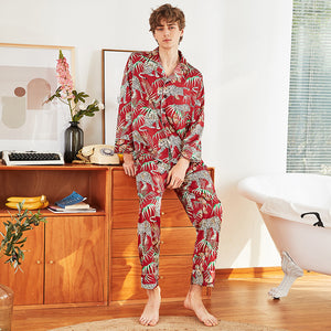 Burgundy Long Sleeve Cheetah Print Silk Satin Pajamas Men's Loungewear Two-Piece Set