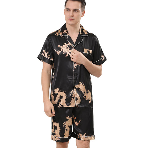 Dragon Print Short Sleeve Pajama Set Men's Silk Satin Loungewear
