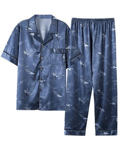 Summer Lapel Pajamas Men's Silk Satin Print Thin Short Sleeve Pants Homewear Set