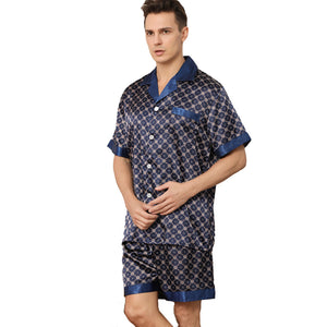 Short Sleeve Men's Pajama Set Printed Silk Satin Casual Loungewear Two Piece