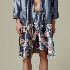 Men's Silk Satin Shorts Crane Print Summer Comfort Pajama Pants