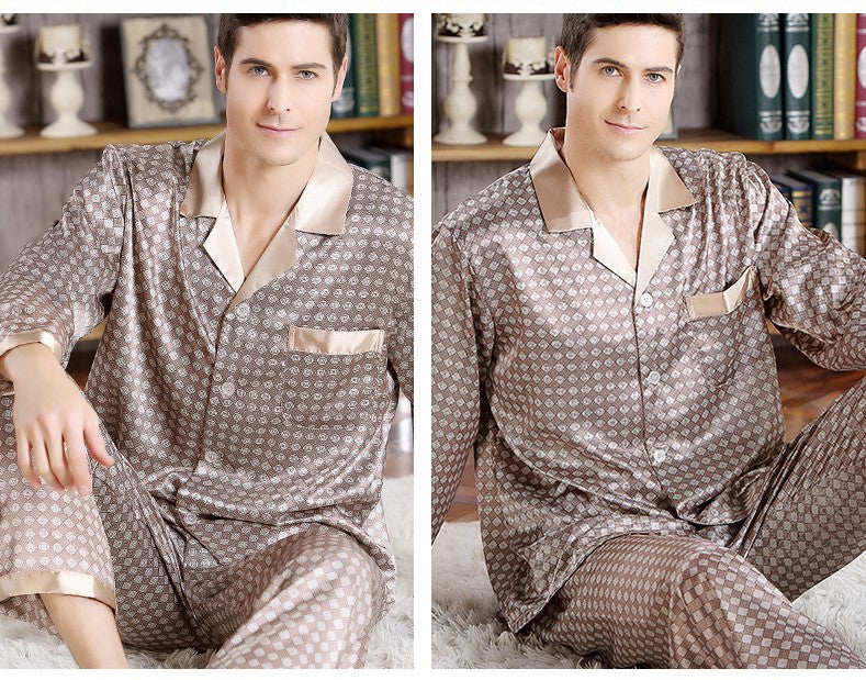 Long Sleeve Men's Pajamas Silk Satin Lapel Loungewear Set