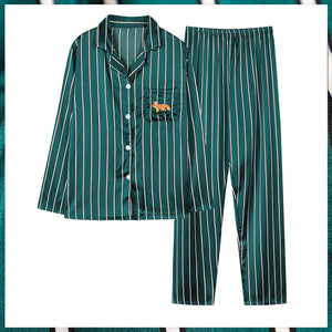 Striped Satin Pajamas Men's Thin Long Sleeve Loungewear Set With Pockets