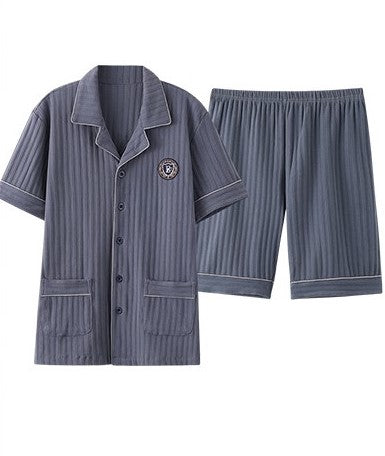 Cardigan Lapel Pajamas Men's Knitted Pit Strip Cotton Summer Short-Sleeved Homewear Suit