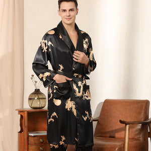 Men's Pajama Pants Set Silk Satin Dragon Pattern Long Sleeve Bathrobe Set