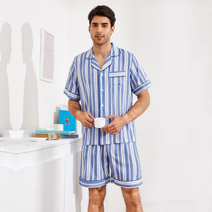 Striped Silk Satin Men's Pajamas Summer Short Sleeve Shorts Homewear Set
