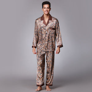 Coffee Long Sleeve Men's Pajama Print Silk Satin Summer Loungewear Set
