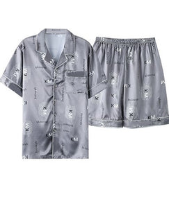 Silk Satin Print Lapel Pajamas Men's Short Sleeve Shorts Homewear Set